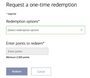 Page to request a one-time redemption of rewards as cash back